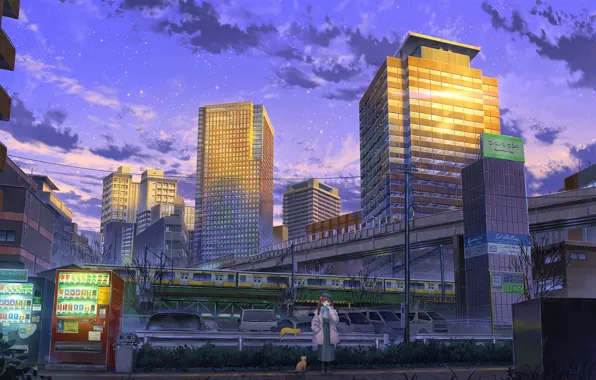 Figure, The city, Cat, Girl, Building, Girl, City, Japan
