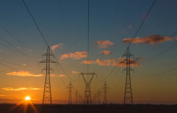 Field, the sky, the sun, sunset, wire, Power lines, high-voltage support