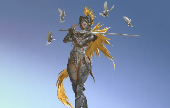 Girl, Minimalism, Bird, Armor, Birds, Sword, Warrior, Pigeons