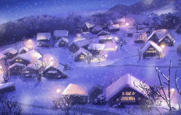 Winter, night, village, NIK