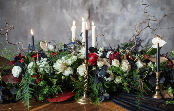 Picture roses, candles, composition, Anthurium, Ranunculus