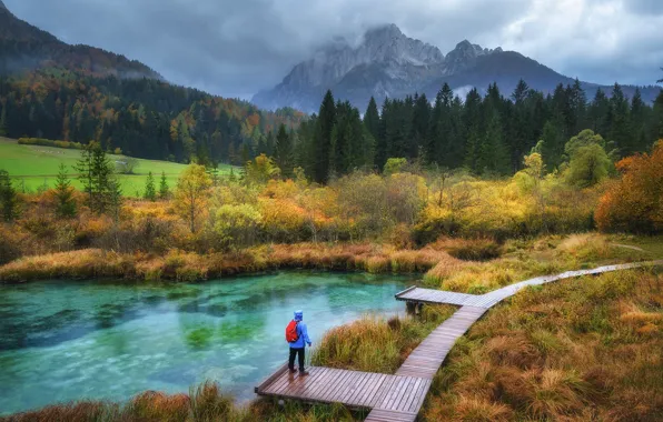 Picture autumn, grass, clouds, landscape, mountains, nature, river, valley