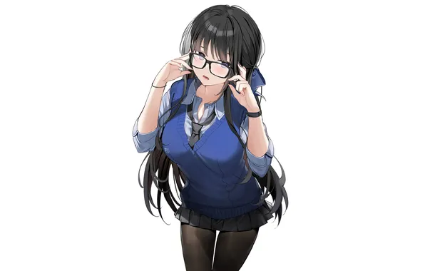 Girl, school uniform, long hair, boobs, anime, beautiful, purple eyes, pretty