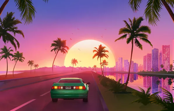 Sunset, The sun, Music, Machine, Style, Background, Car, 80s