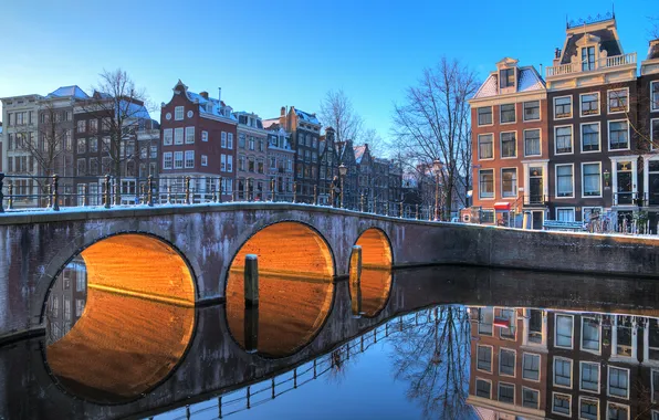 Picture light, bridge, water, Amsterdam, buildings, canal