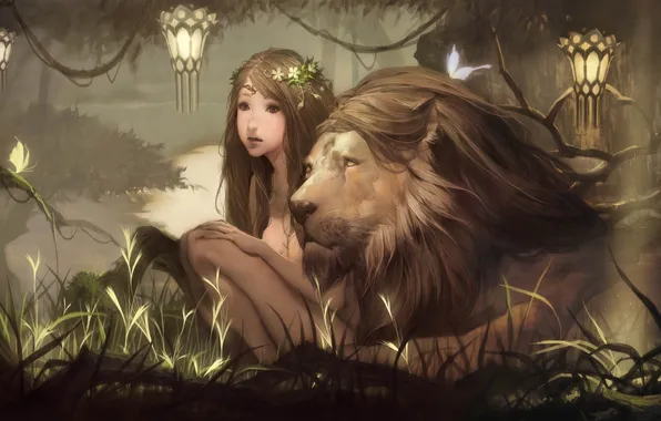 Forest, pond, butterfly, Leo, fantasy, art, lights, girl