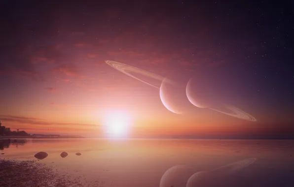 Sea, landscape, sunset, reflection, planet, ring