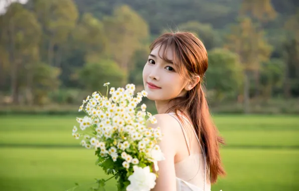 Beautiful, Asian, Model, Flowers, Woman, Bouquet, Field, Pretty