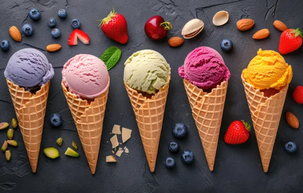 Berries, colorful, ice cream, fruit, horn, fruits, berries, ice cream