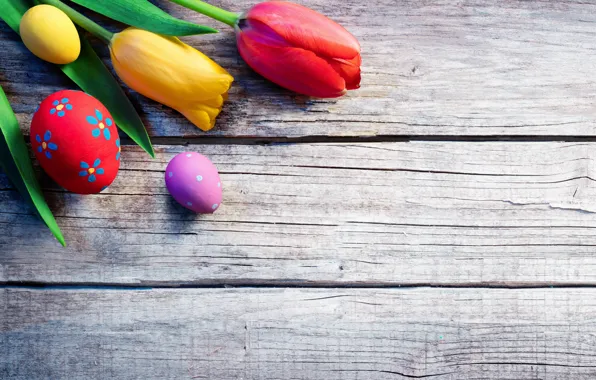 Picture colorful, Easter, tulips, happy, wood, flowers, tulips, spring