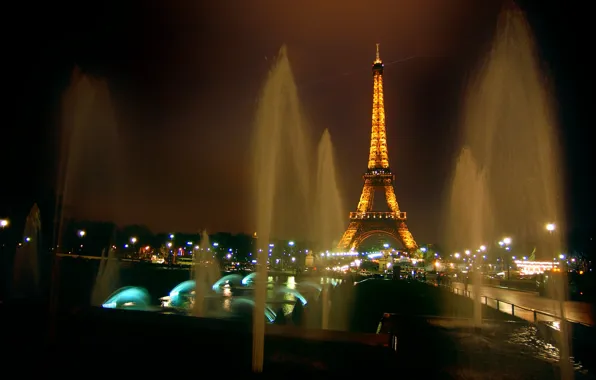 Night, lights, tower, Paris, France, fountains, Eiffel