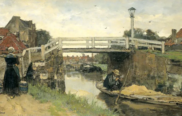 The city, boat, oil, picture, Bridge, channel, canvas, Jacob Maris Hendrikus