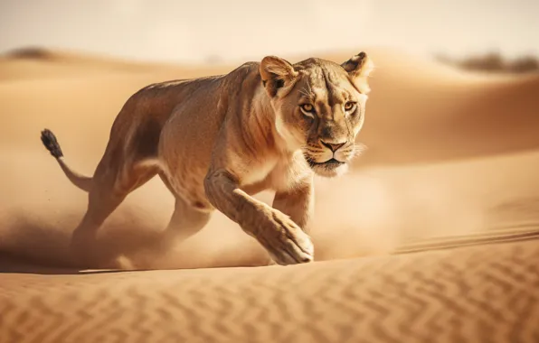 Sand, desert, running, lioness, digital art, AI art, neural network, the art of artificial intelligence