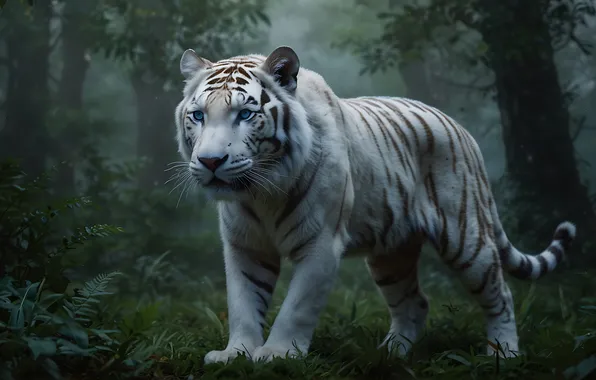 Picture forest, white, look, face, trees, nature, tiger, fog