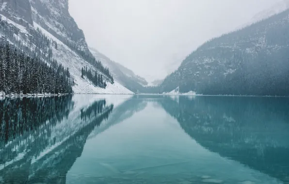 Winter, forest, snow, reflection, mountains, nature, lake
