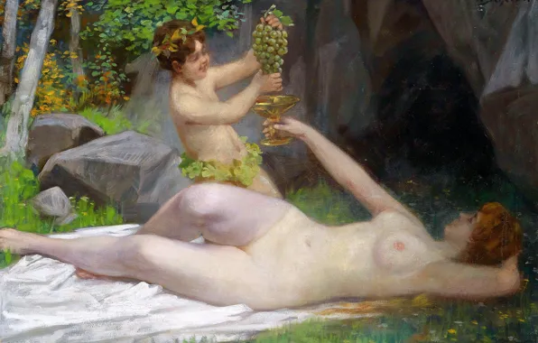 Picture Picture, Naked, Two, Grapes, Woman, Victor Shivert, Forest nymph and young Bacchus, Romanian artist