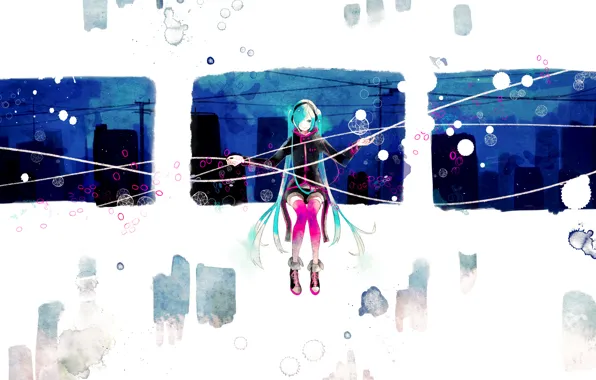 Girl, abstraction, the city, anime, headphones, art, vocaloid, hatsune miku