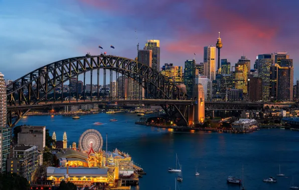 Bridge, the city, building, home, Bay, the evening, lighting, Australia