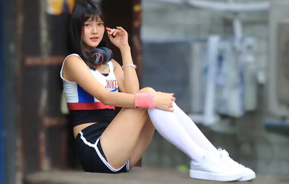 Girl, shorts, headphones, Mike, legs, Asian, knee