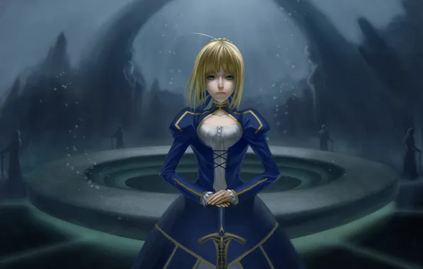 Picture girl, table, sword, art, arch, hall, saber, fate stay night