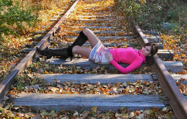 Autumn, girl, railroad