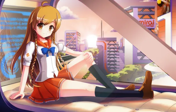 Picture the city, future, window, girl, sitting, suenaga mirai, mirai millenium