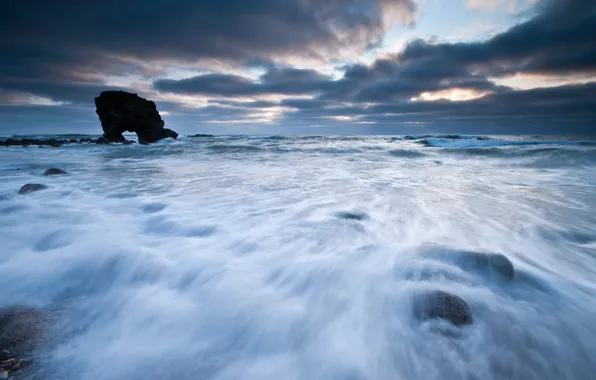 Sea, landscape, rocks, twilight