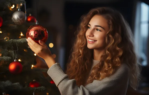 Look, girl, balls, joy, red, lights, smile, the dark background