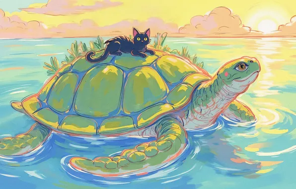 Cat, cat, nature, pose, black, figure, graphics, turtle