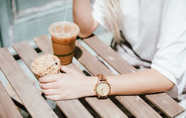 Picture watch, hand, drink, cupcake