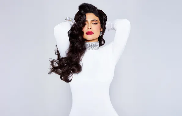 Pose, model, in white, Kylie Jenner, beautiful woman, Kylie Jenner, the gorgeous brunette, 2025