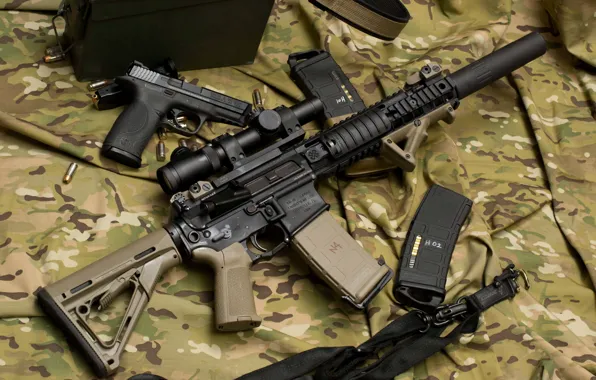 Gun, weapons, machine, optics, camouflage, rifle, muffler, assault