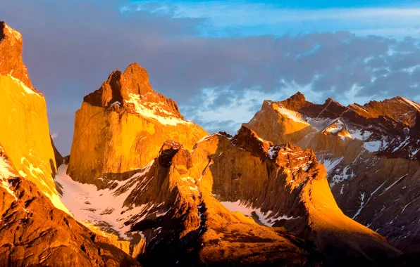 Picture the sky, clouds, sunset, mountains, tops, panorama, Chile