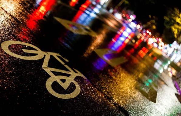 Road, asphalt, night, bike, the city, lights, wet, rain