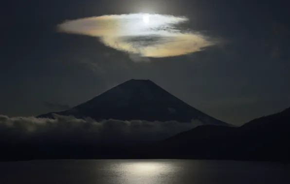 Night, lake, the volcano, Japan