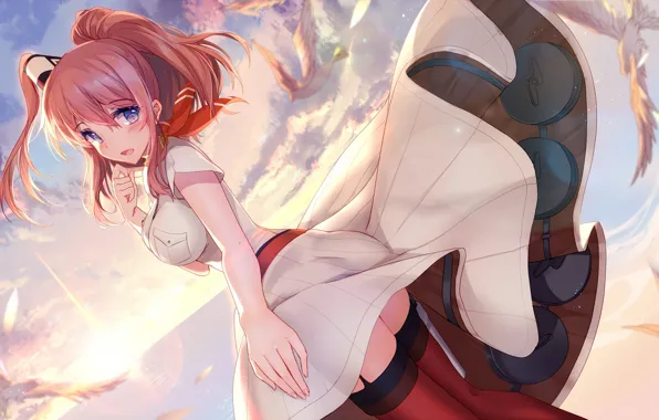 The sky, girl, birds, anime, art, kantai collection, bison bison, uss saratoga