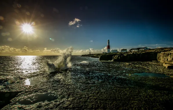 Sea, wave, the sky, the sun, clouds, coast, lighthouse, England