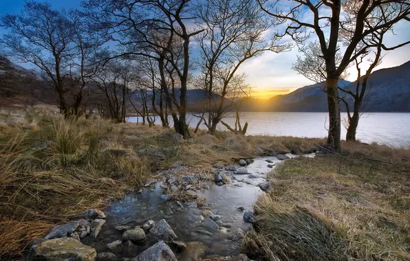 Landscape, sunset, mountains, lake