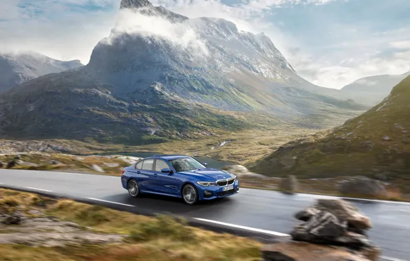 Road, asphalt, clouds, mountains, markup, lights, BMW, 3-series