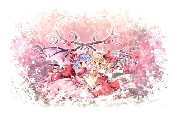 Butterfly, joy, red eyes, cap, sisters, blue hair, rose petals, pink dress