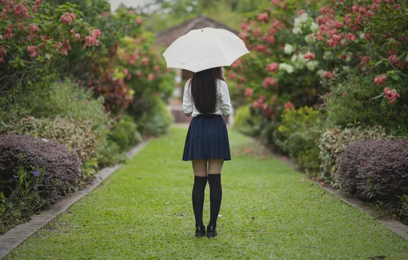 Girl, Park, umbrella, hair, skirt, legs