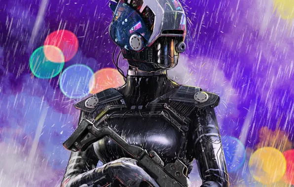 Picture weapons, fiction, rain, lights, art, helmet, armor, Sci-fi