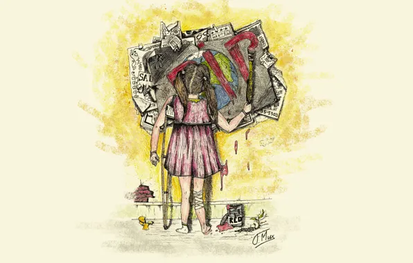 Picture white, earth, figure, contour, pencils, girl