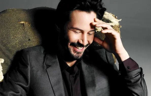 Picture happiness, smile, actor, grey background, Keanu Reeves, Keanu Reeves