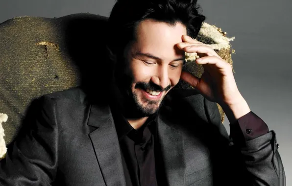 Happiness, smile, actor, grey background, Keanu Reeves, Keanu Reeves
