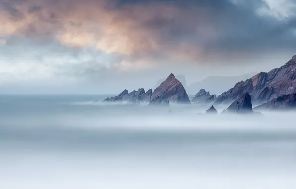 Picture sea, fog, rocks