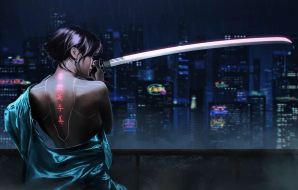 Picture girl, weapons, rain, robot, sword, katana, skyscrapers, earrings