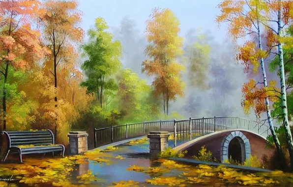 Picture trees, bridge, park, autumn, painting