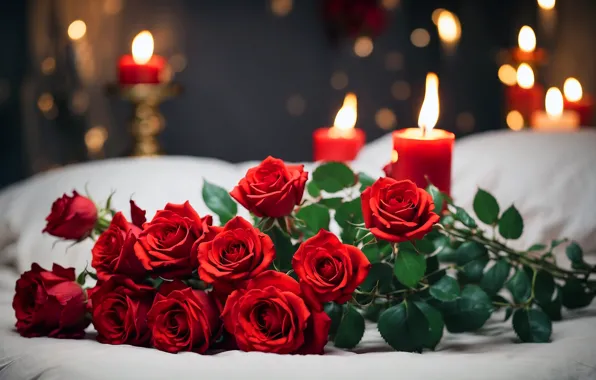 Flowers, lights, holiday, roses, bouquet, candles, red, March 8