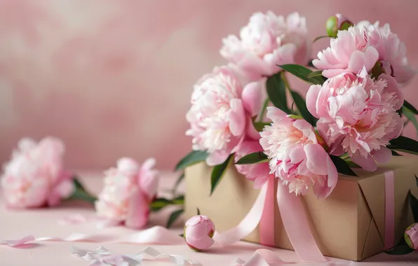 Holiday, box, gift, bouquet, spring, pink, March 8, peonies